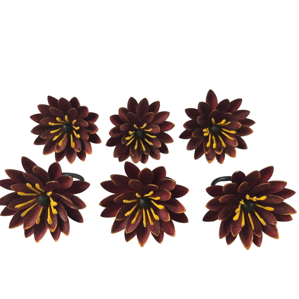 Vintage Pier 1 Metal Flower Napkin Rings Burgundy Red Yellow Rustic Floral Set 6